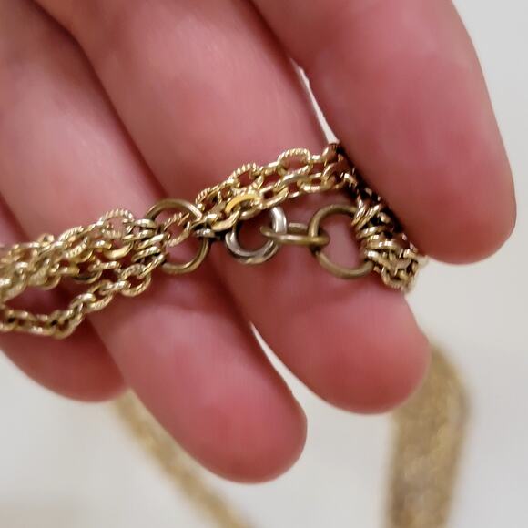 Vintage Gold Tone Multi Chain Necklace With Faux Pearl Teardrop Cluster Pendant - Picture 6 of 9